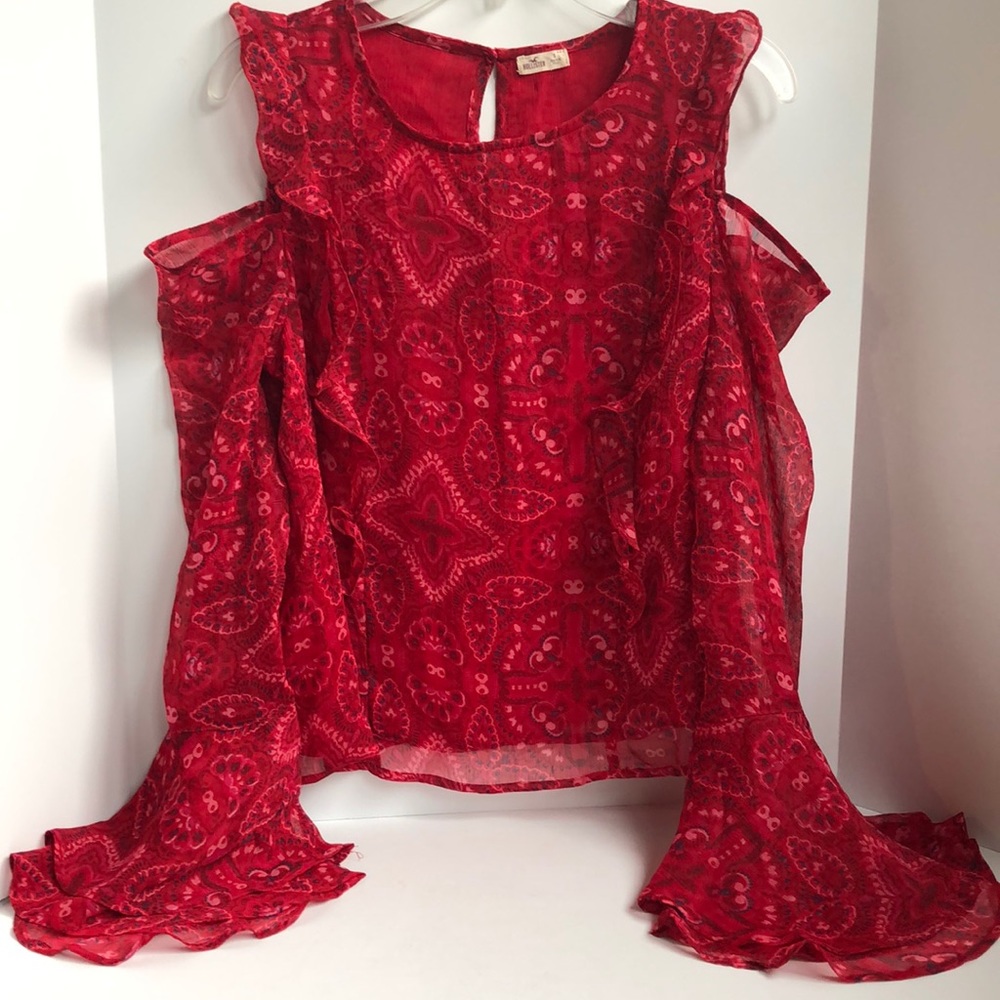 Hollister sheer red cold shoulder layered bell sleeve blouse size small